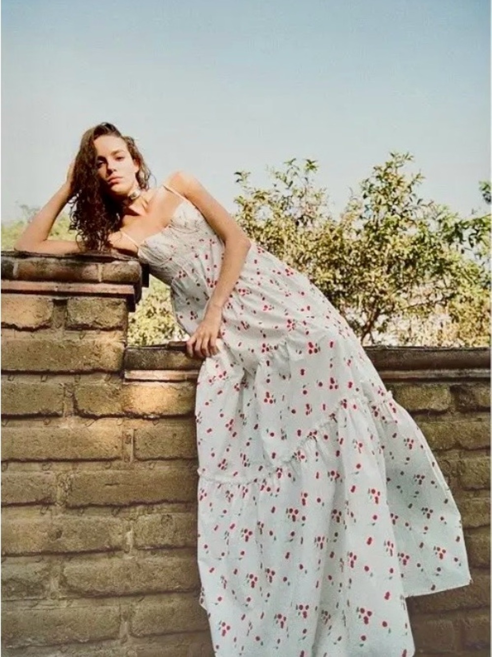 Smocked Spaghetti-Strap White Maxi Dress with Red Cherry Print